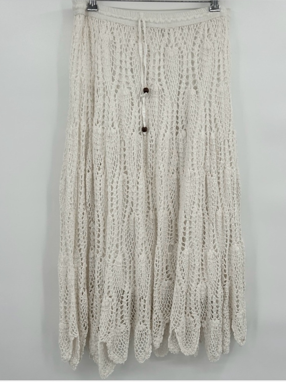 Women Boho Cottagecore White Crochet Knit Maxi Skirt Sz M/L Festival Swim Beach